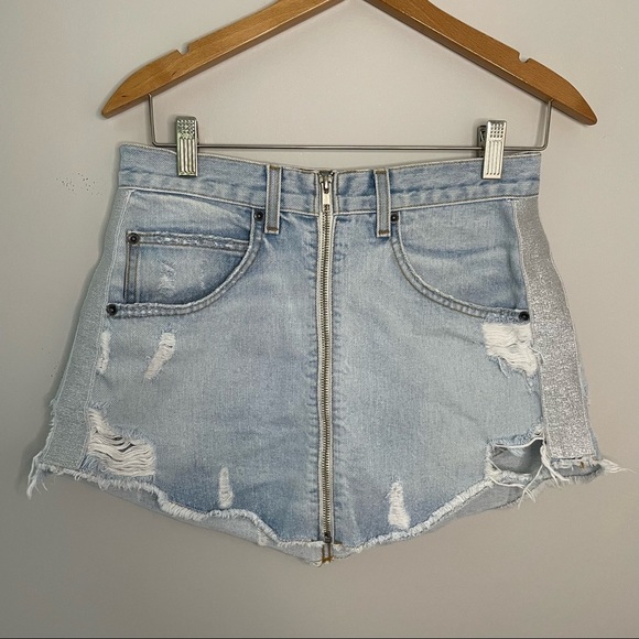 Carmar Dresses & Skirts - Carmar Los Angeles Beatrice Denim Mini Skirt Metallic Trim Raw Hem Size 26